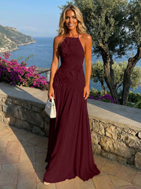 Chiffon A-Line Halter Pleated Formal Dresses with 3D Flowers