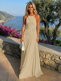 Chiffon A-Line Halter Pleated Formal Dresses with 3D Flowers