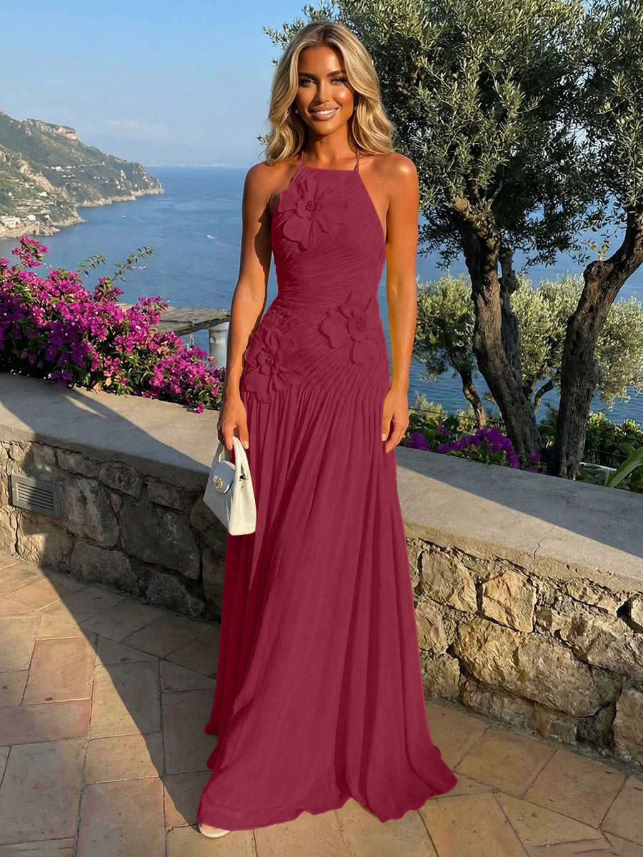 Chiffon A-Line Halter Pleated Formal Dresses with 3D Flowers