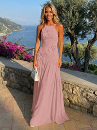 Chiffon A-Line Halter Pleated Formal Dresses with 3D Flowers