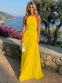 Chiffon A-Line Halter Pleated Formal Dresses with 3D Flowers
