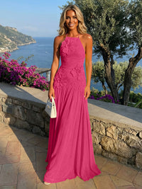 Chiffon A-Line Halter Pleated Formal Dresses with 3D Flowers