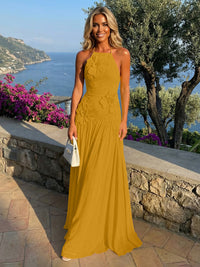 Chiffon A-Line Halter Pleated Formal Dresses with 3D Flowers