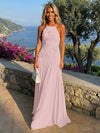 Chiffon A-Line Halter Pleated Formal Dresses with 3D Flowers