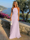 Chiffon A-Line Halter Pleated Formal Dresses with 3D Flowers