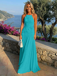 Chiffon A-Line Halter Pleated Formal Dresses with 3D Flowers