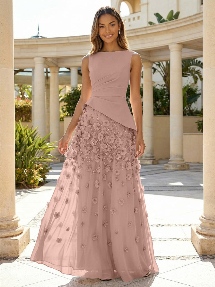Jersey Chiffon A-Line Boat Neck Beaded Flowers Formal Dresses
