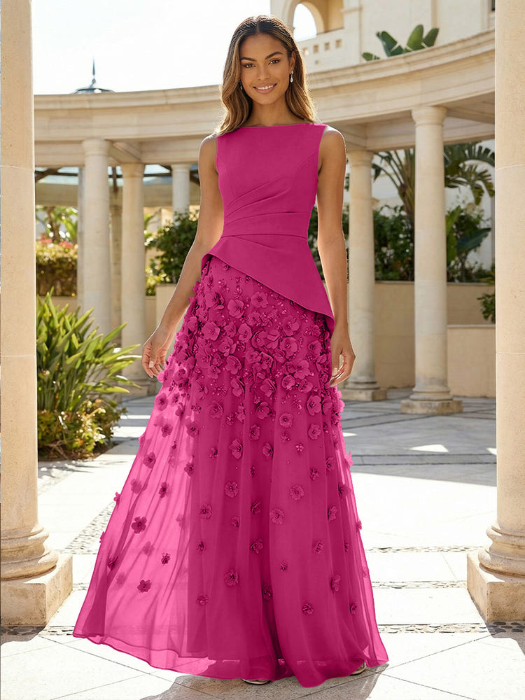 Jersey Chiffon A-Line Boat Neck Beaded Flowers Formal Dresses