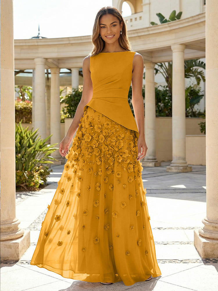 Jersey Chiffon A-Line Boat Neck Beaded Flowers Formal Dresses