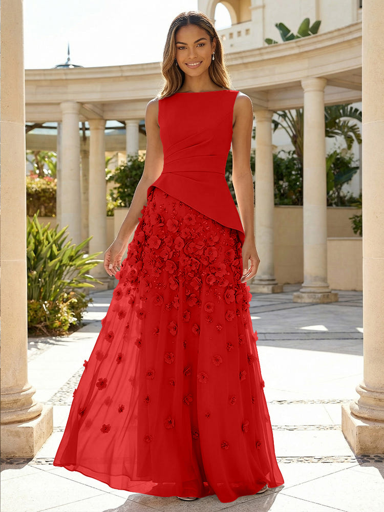 Jersey Chiffon A-Line Boat Neck Beaded Flowers Formal Dresses