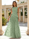Jersey Chiffon A-Line Boat Neck Beaded Flowers Formal Dresses