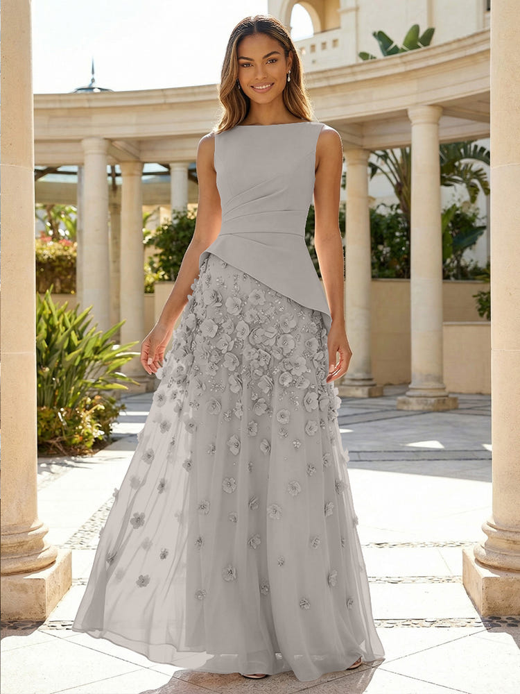 Jersey Chiffon A-Line Boat Neck Beaded Flowers Formal Dresses