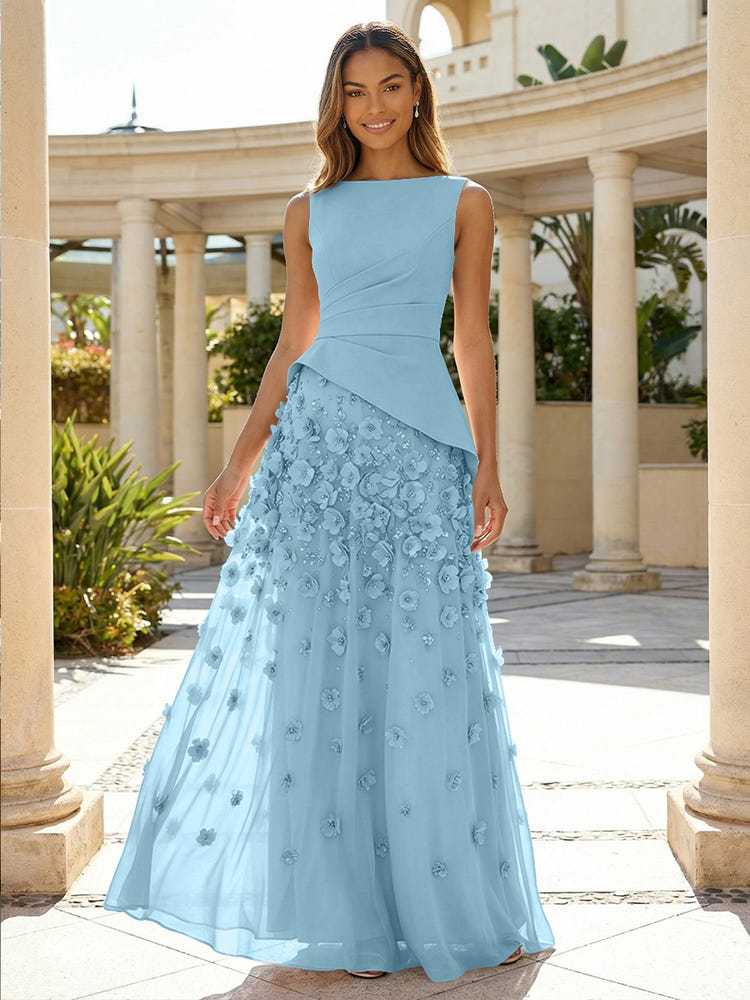 Jersey Chiffon A-Line Boat Neck Beaded Flowers Formal Dresses