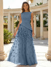Jersey Chiffon A-Line Boat Neck Beaded Flowers Formal Dresses