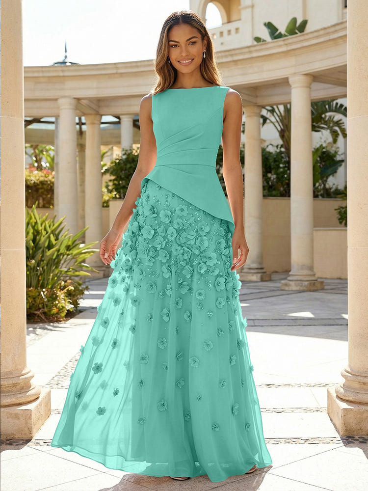 Jersey Chiffon A-Line Boat Neck Beaded Flowers Formal Dresses