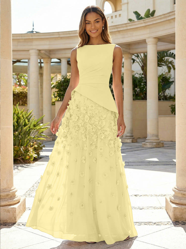 Jersey Chiffon A-Line Boat Neck Beaded Flowers Formal Dresses