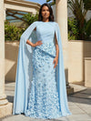 Chiffon Mermaid Crew Neck 3D Flowers Formal Dresses with Floor Length Caps