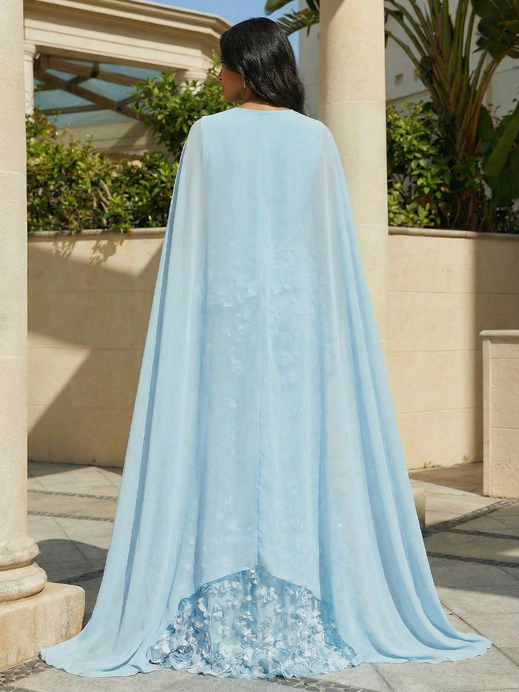 Chiffon Mermaid Crew Neck 3D Flowers Formal Dresses with Floor Length Caps