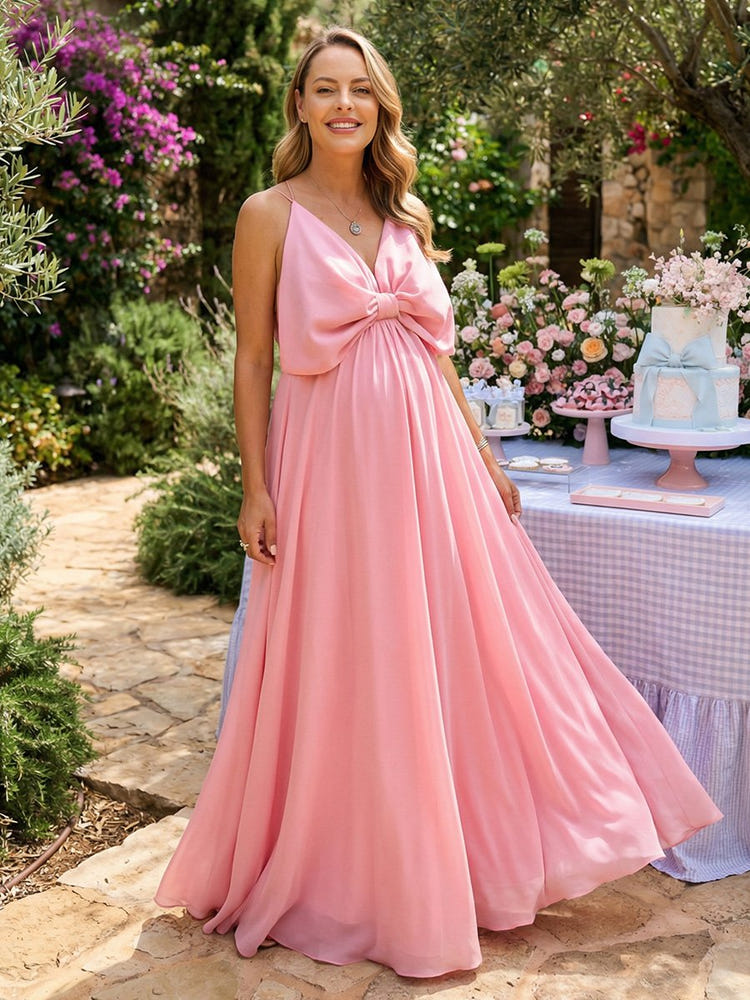 Chiffon A-Line Spaghetti Straps Bow Formal Dresses