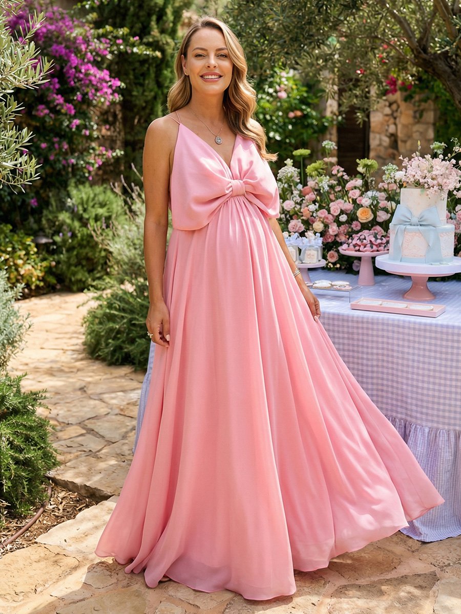 Chiffon A-Line Spaghetti Straps Bow Formal Dresses