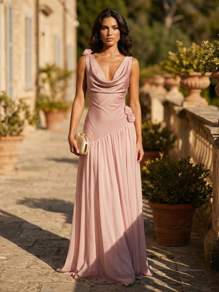 Chiffon A-Line Cowl Neck 3D Flowers Wedding Guest Dresses