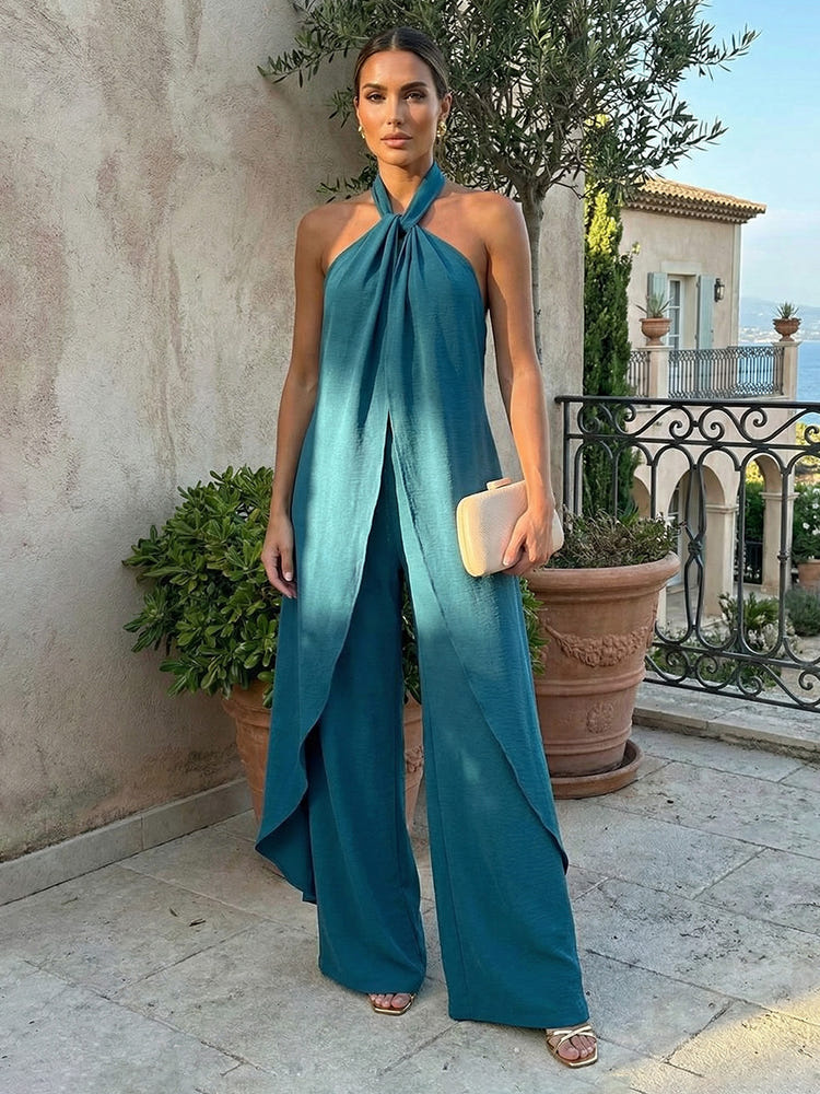Linen Pantsuit Halter Backless Sets