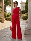 Satin Pantsuit One Shoulder Ruffles Sets