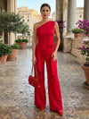 Satin Pantsuit One Shoulder Ruffles Sets
