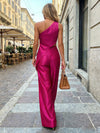 Satin Pantsuit One Shoulder Ruffles Sets