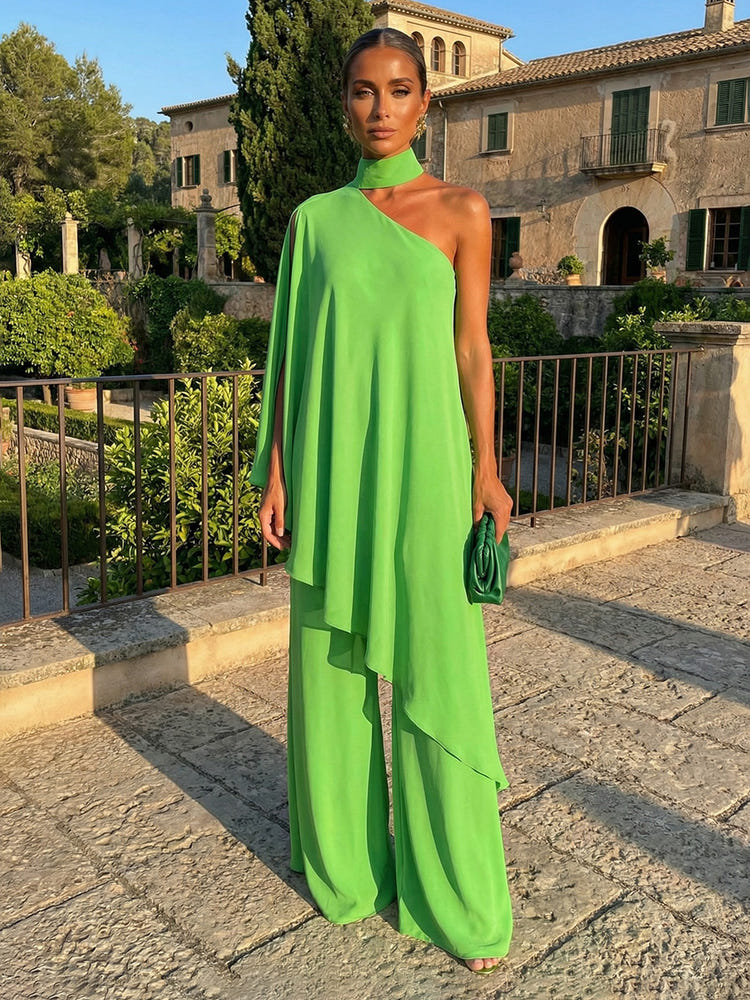 Chiffon Pantsuit One Shoulder Wraparound Sets