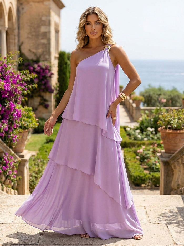 Chiffon Sheath One Shoulder Tiered Formal Dresses