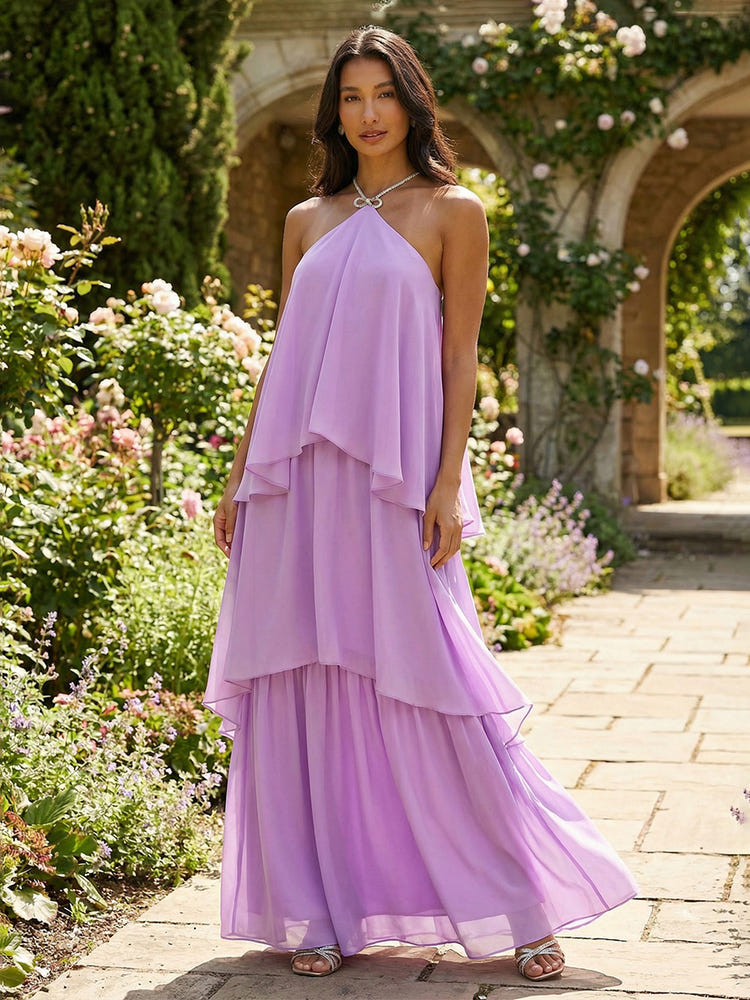 Halter Tiered Ruffle Formal Evening Maxi Gowns Lilac 2026 Elegant Chiffon Loose Layered Wedding Guest Cocktail Dress