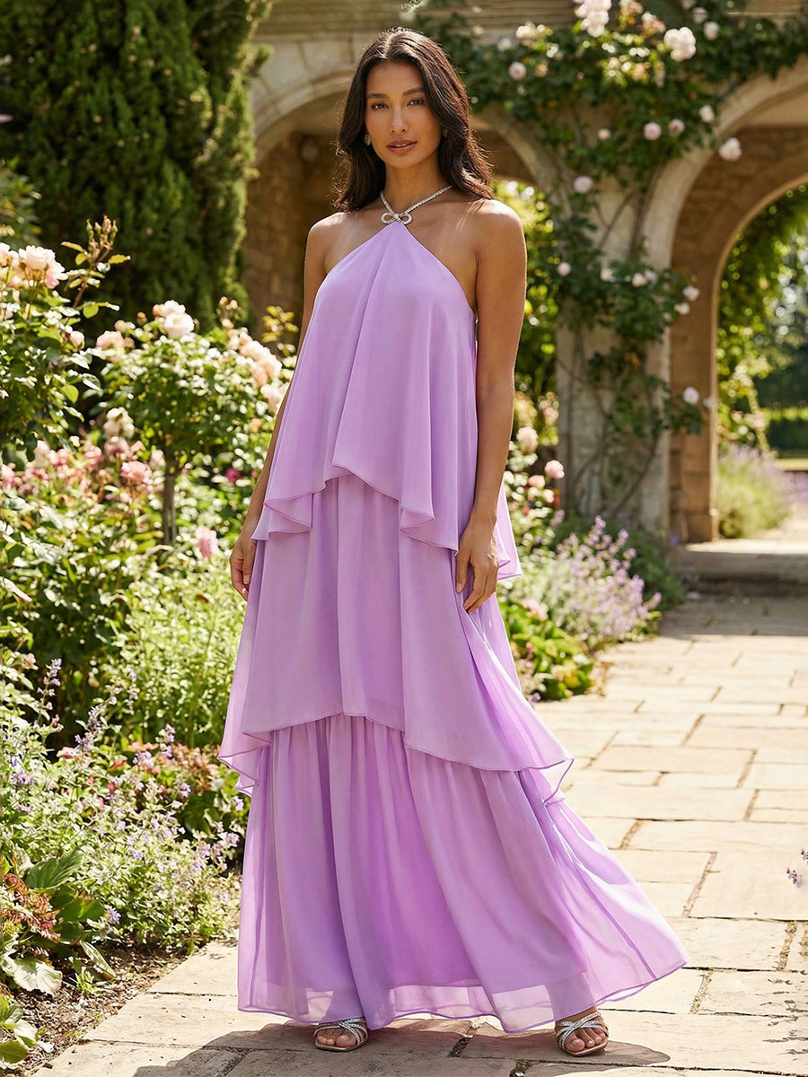 Chiffon Sheath Halter Tiered Formal Dresses