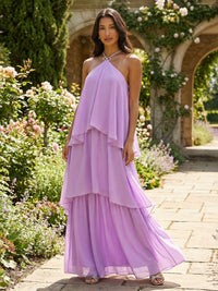 Chiffon Sheath Halter Tiered Formal Dresses