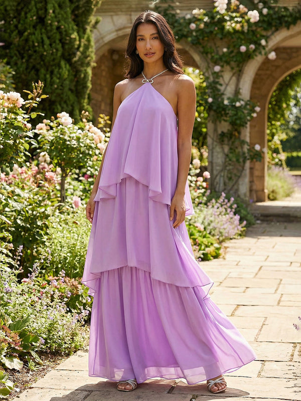 Chiffon Sheath Halter Tiered Formal Dresses