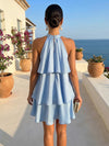 Satin A-Line Halter Tiered Formal Dresses