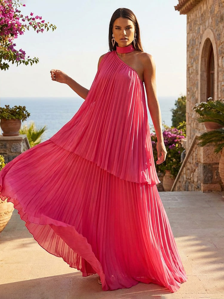 Chiffon A-Line One Shoulder Pleated Formal Dresses