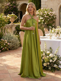 Satin A-Line Halter Pleated Formal Dresses