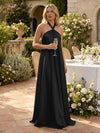 Satin A-Line Halter Pleated Formal Tent/ Trapeze Dresses