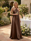 Satin A-Line Halter Pleated Formal Tent/ Trapeze Dresses