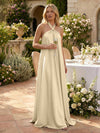 Satin A-Line Halter Pleated Formal Tent/ Trapeze Dresses