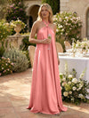 Satin A-Line Halter Pleated Formal Tent/ Trapeze Dresses