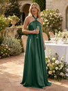 Satin A-Line Halter Pleated Formal Tent/ Trapeze Dresses