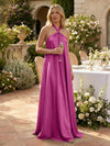 Satin A-Line Halter Pleated Formal Tent/ Trapeze Dresses