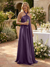 Satin A-Line Halter Pleated Formal Tent/ Trapeze Dresses