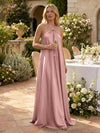Satin A-Line Halter Pleated Formal Tent/ Trapeze Dresses