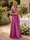 Satin A-Line Halter Pleated Formal Tent/ Trapeze Dresses