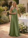 Satin A-Line Halter Pleated Formal Tent/ Trapeze Dresses