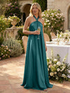 Satin A-Line Halter Pleated Formal Tent/ Trapeze Dresses