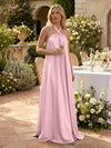 Satin A-Line Halter Pleated Formal Tent/ Trapeze Dresses